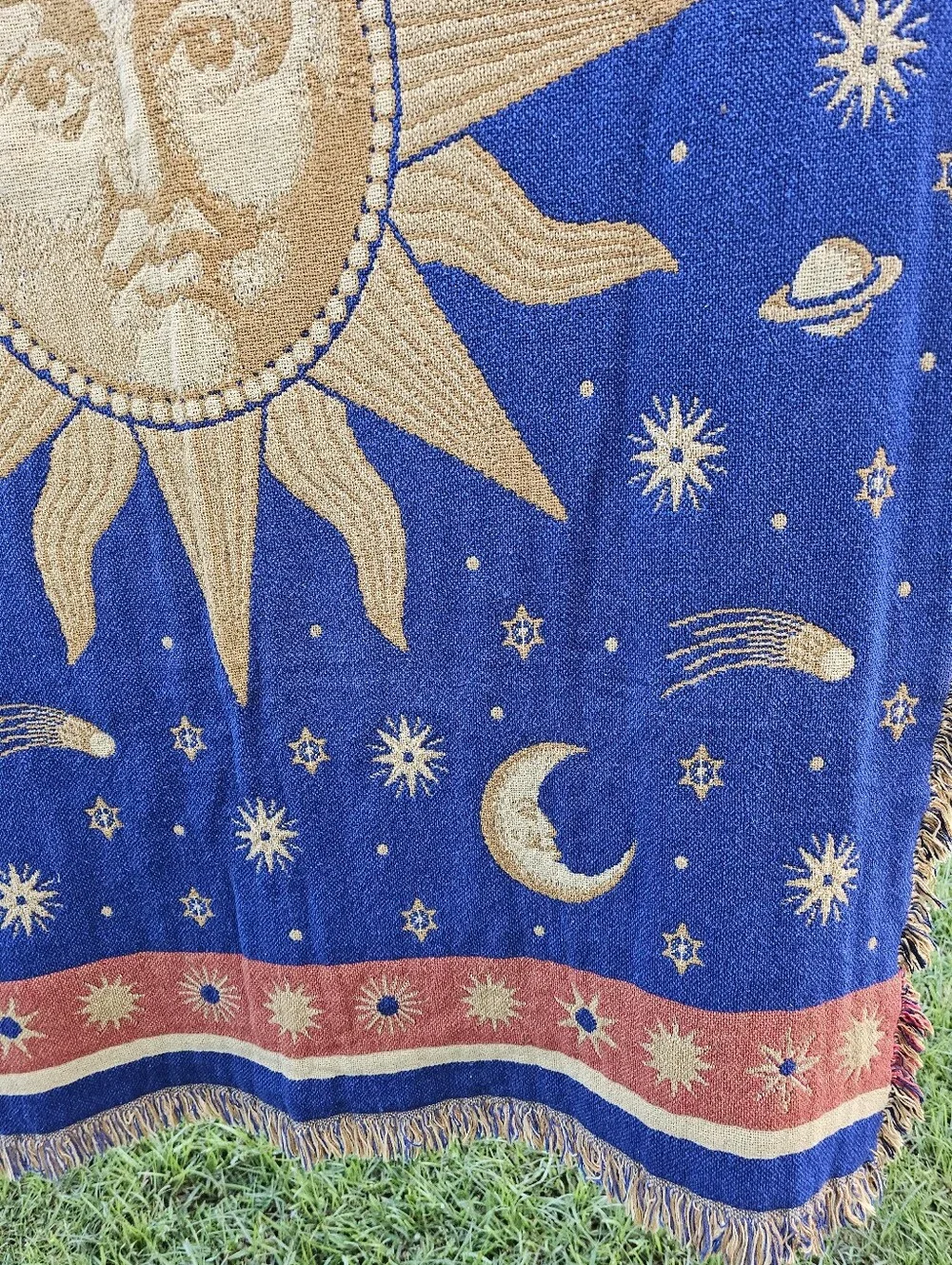 Vintage Sun & Stars Woven Tapestry Throw Blanket 90s Reversible